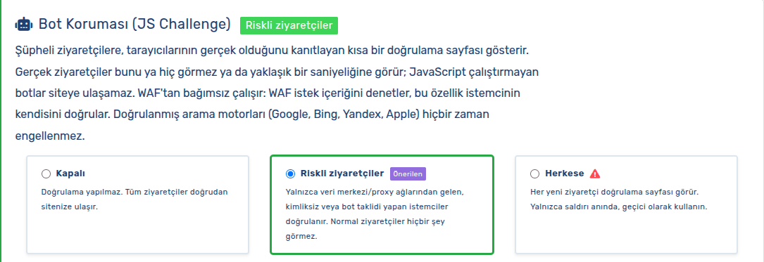 CDN.com.tr panelinde Bot Koruması mod seçimi