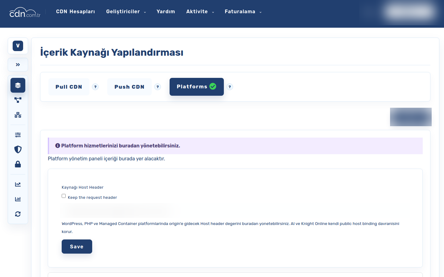 Hosting/Platforms screen