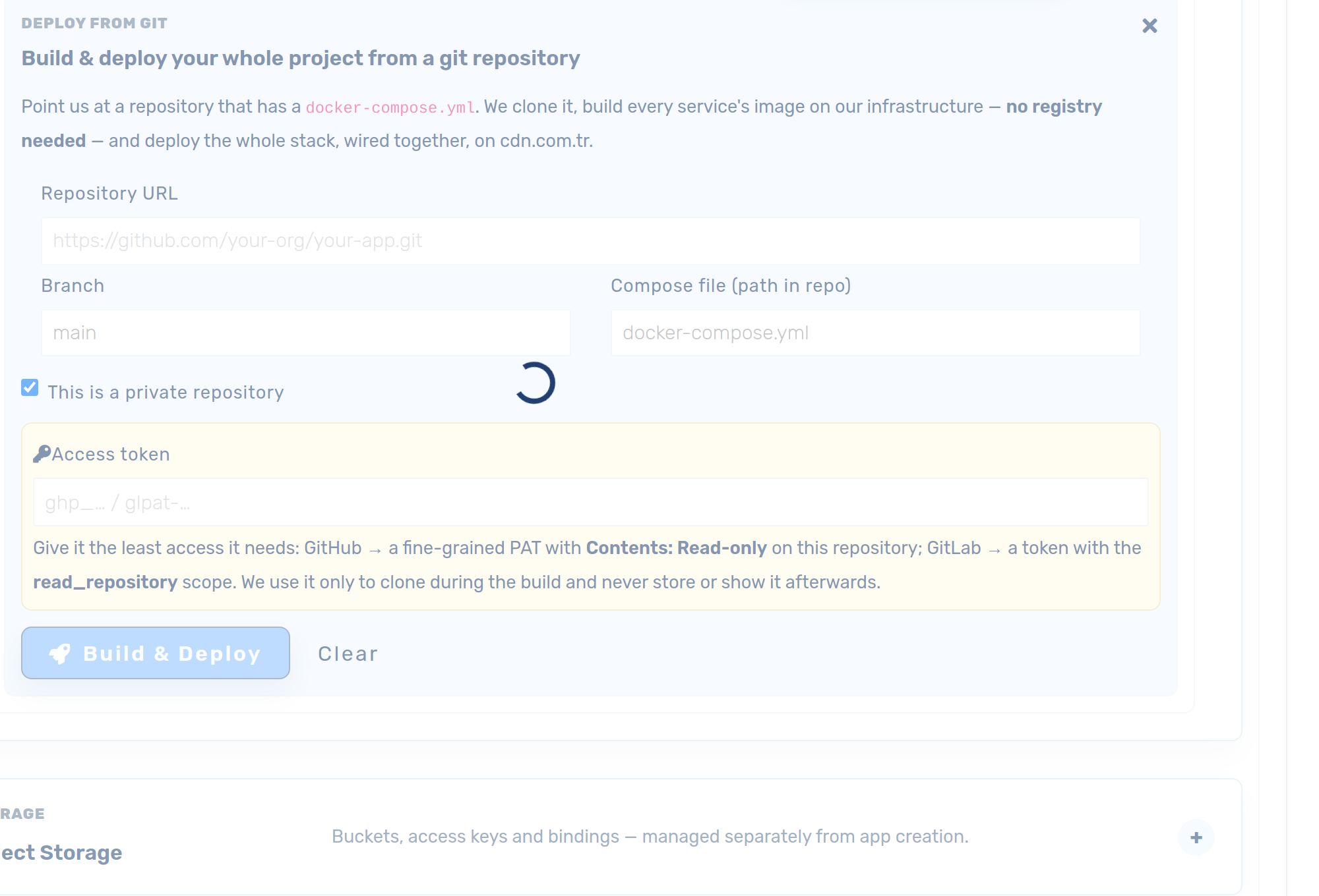 The Deploy from Git panel with repository, branch, compose path and a private-repo access token field