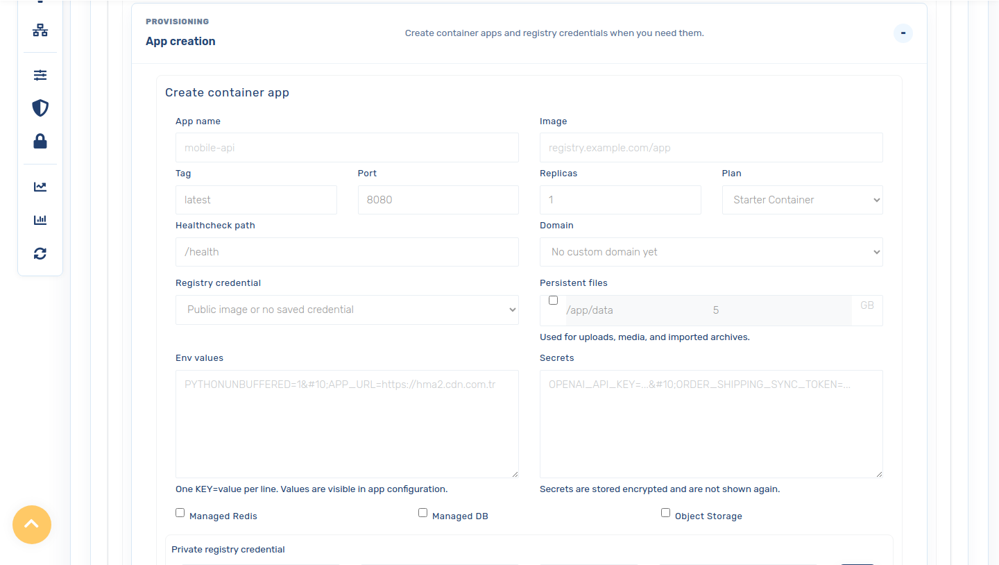Create container app form with registry credential row