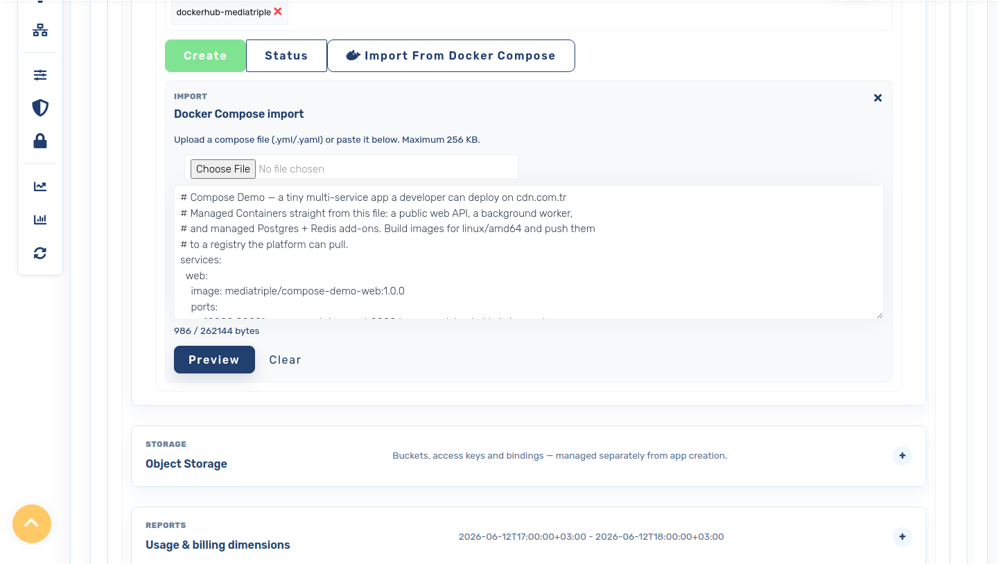 Compose file pasted into the import box