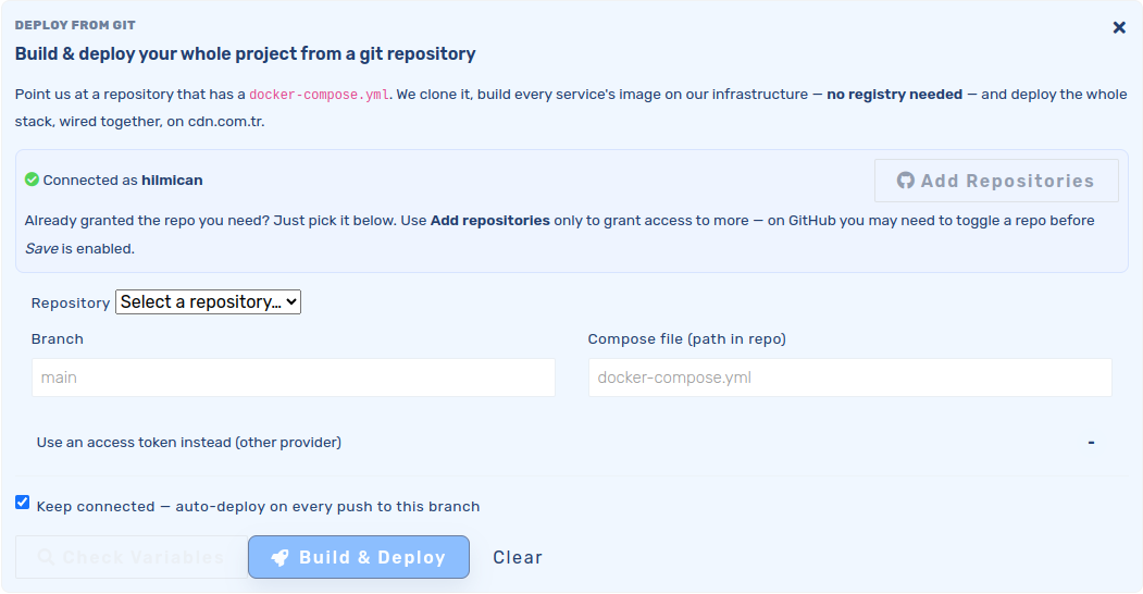 GitHub bağlanmış, depo seçici, branch ve keep-connected otomatik deploy kutulu Deploy from Git paneli