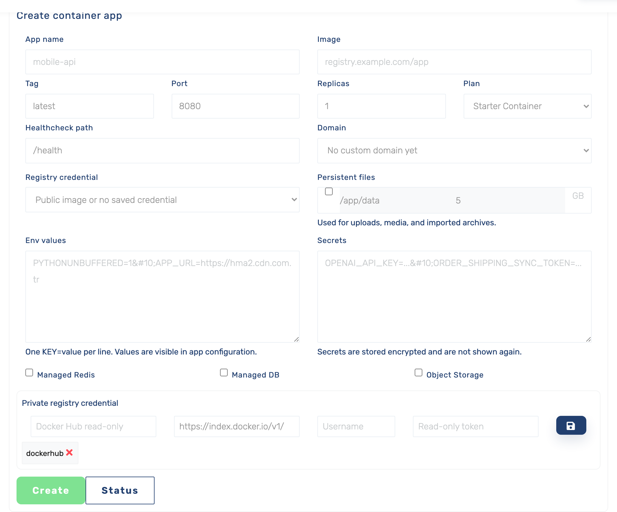 Create container app form