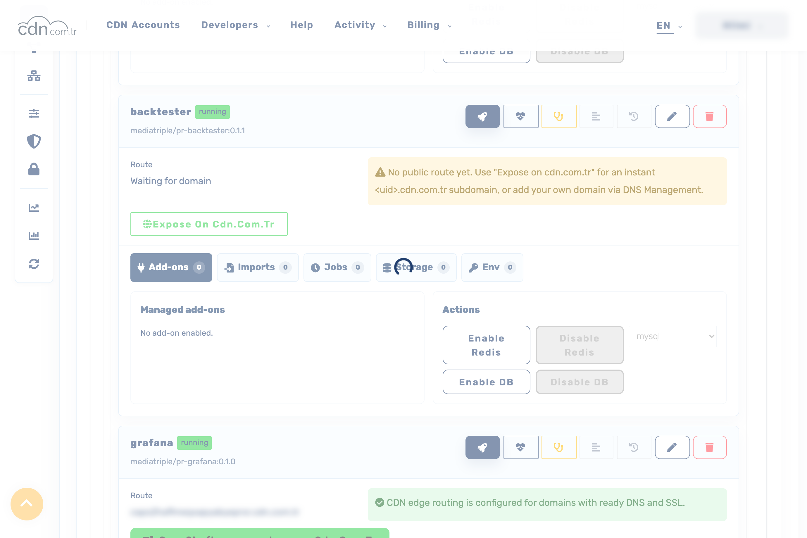 Managed add-ons panel with enable/disable actions